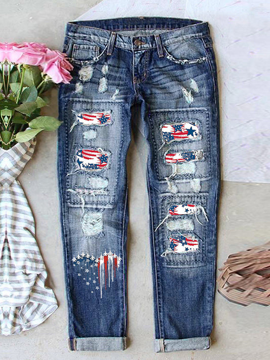 Women's Retro American Independence Day Ripped Denim Pants