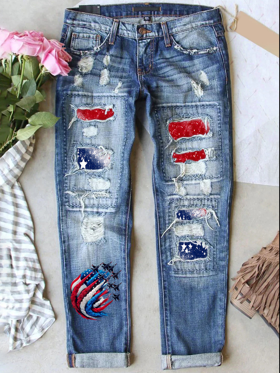 Women's Retro American Independence Day Ripped Denim Pants