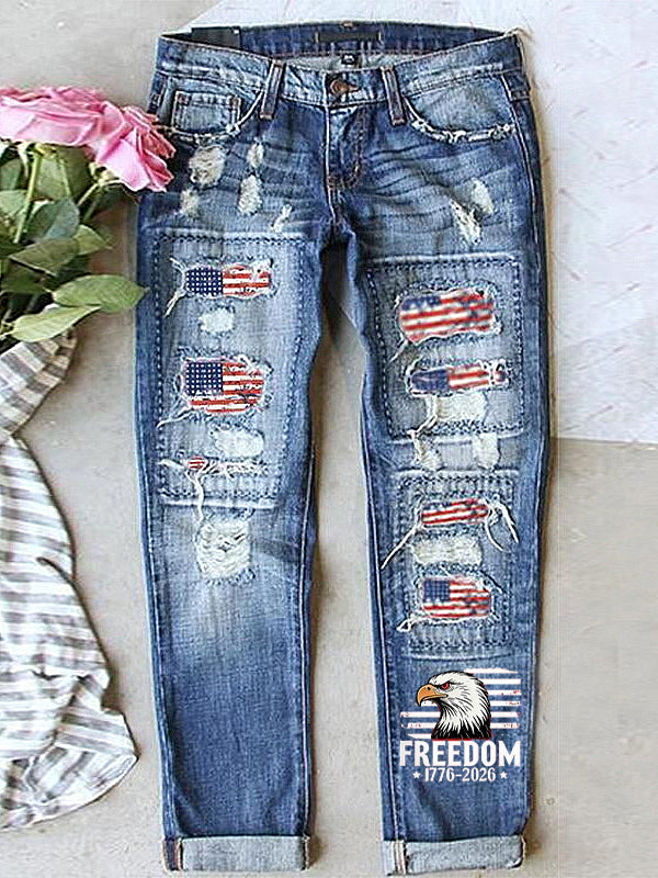 Women's Retro American Independence Day Ripped Denim Pants