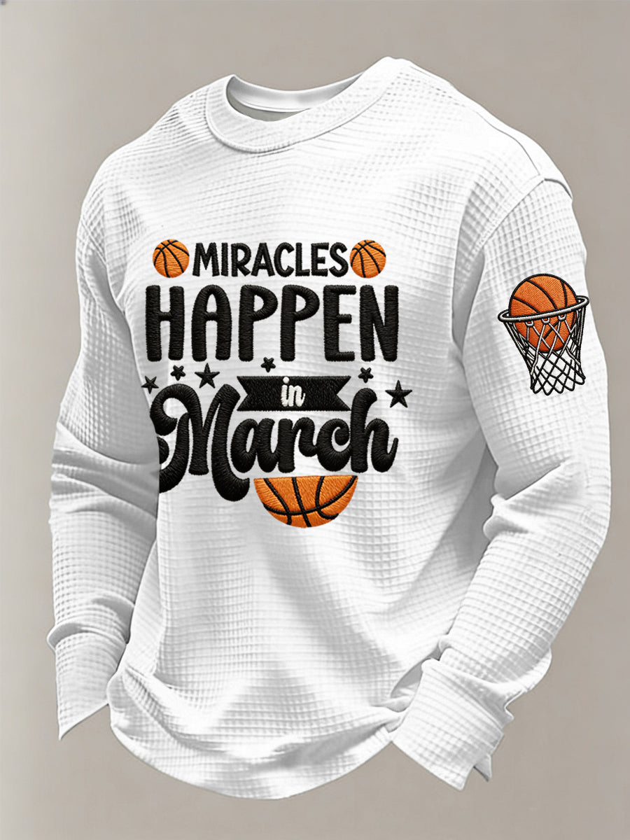 Men's Miracles Happy In March Basketball Print March Madness Basketball Lovers Casual Waffle Long Sleeve T-Shirt