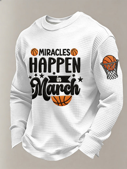 Men's Miracles Happy In March Basketball Print March Madness Basketball Lovers Casual Waffle Long Sleeve T-Shirt