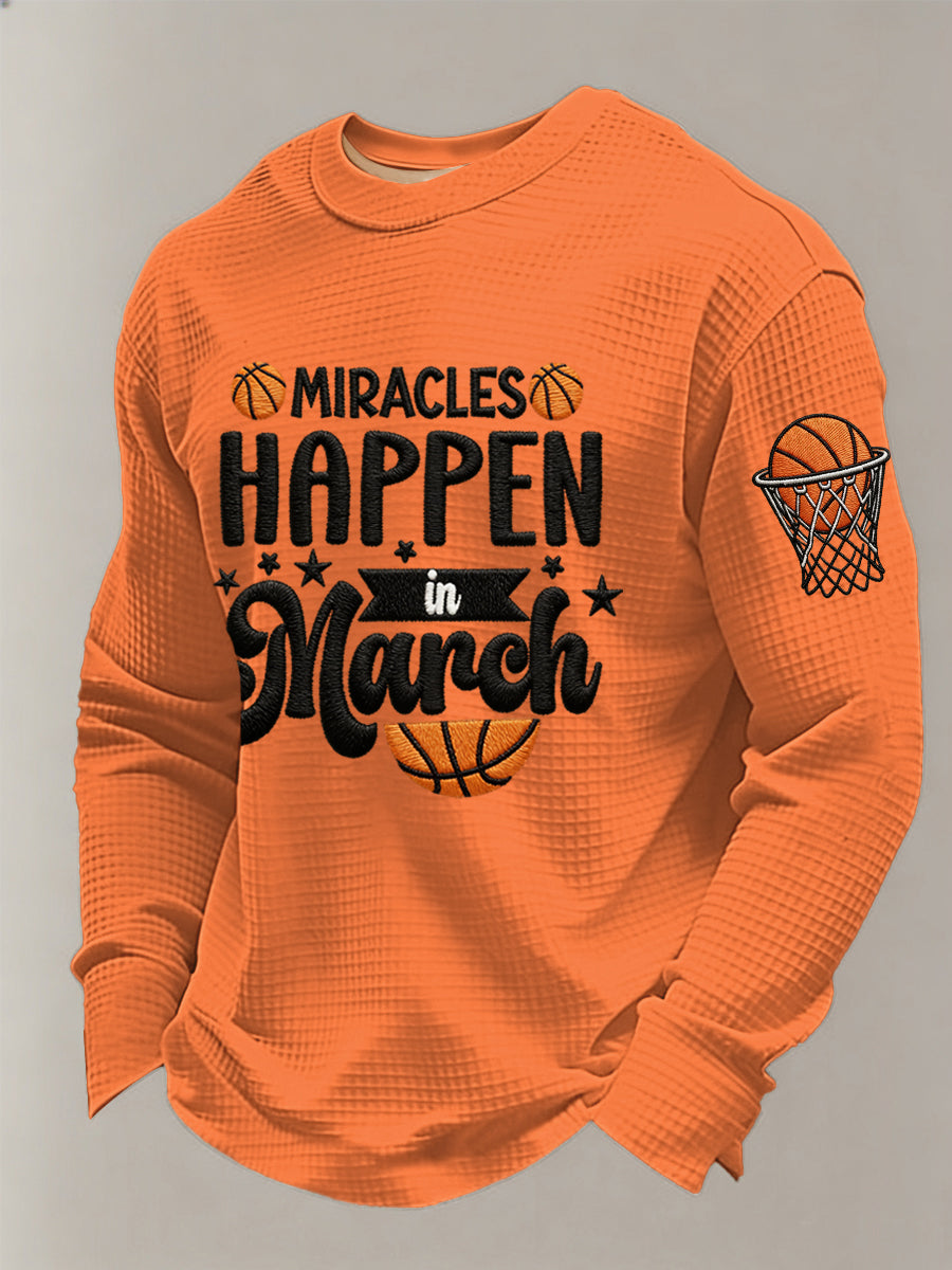 Men's Miracles Happy In March Basketball Print March Madness Basketball Lovers Casual Waffle Long Sleeve T-Shirt