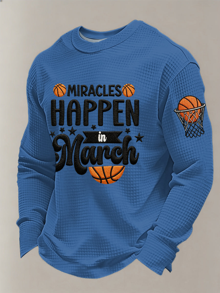 Men's Miracles Happy In March Basketball Print March Madness Basketball Lovers Casual Waffle Long Sleeve T-Shirt