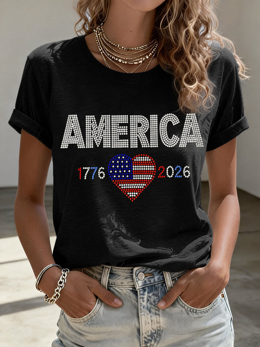 Women's USA1776-2026 Rhinestone Pattern T-Shirt