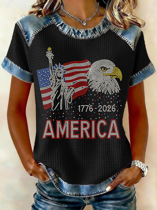 Women's USA 1776-2026 Rhinestone Pattern T-Shirt