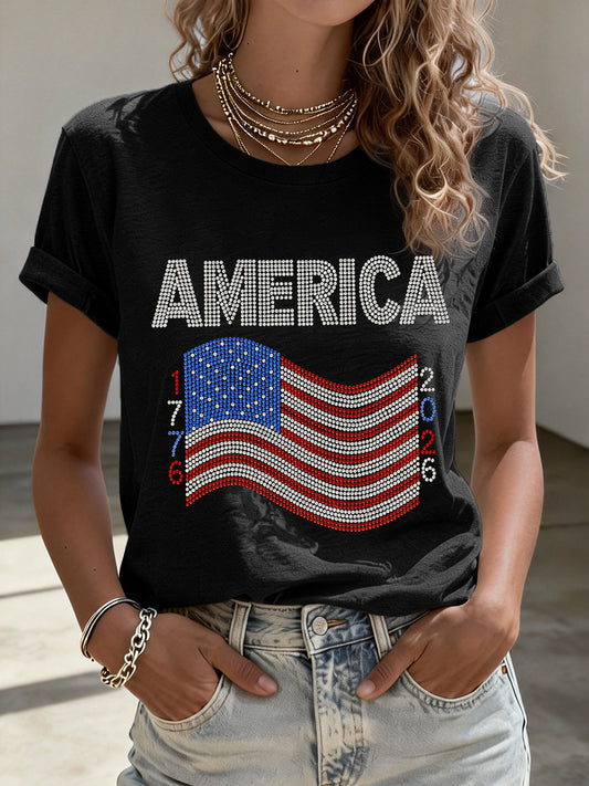 Women's USA1776-2026 Rhinestone Pattern T-Shirt