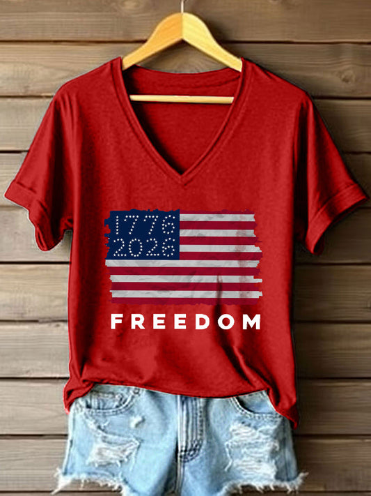 Women's USA 1776-2026 Print V-Neck T-Shirt