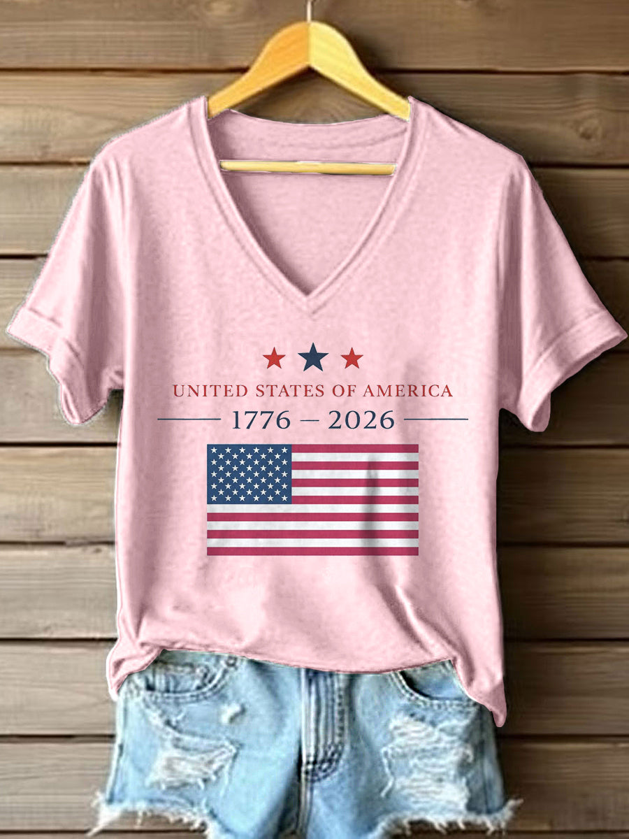 Women's USA 1776-2026 Print V-Neck T-Shirt