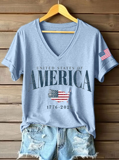 Women's USA 1776-2026 Print V-Neck T-Shirt