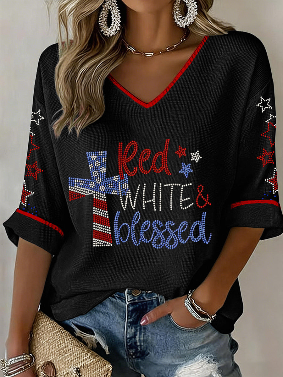 Women's Red White and Blessed Bling Pattern V-Neck Waffle Top