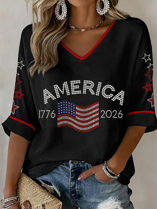 Women's USA 1776-2026 Rhinestone Pattern V-Neck Waffle Top