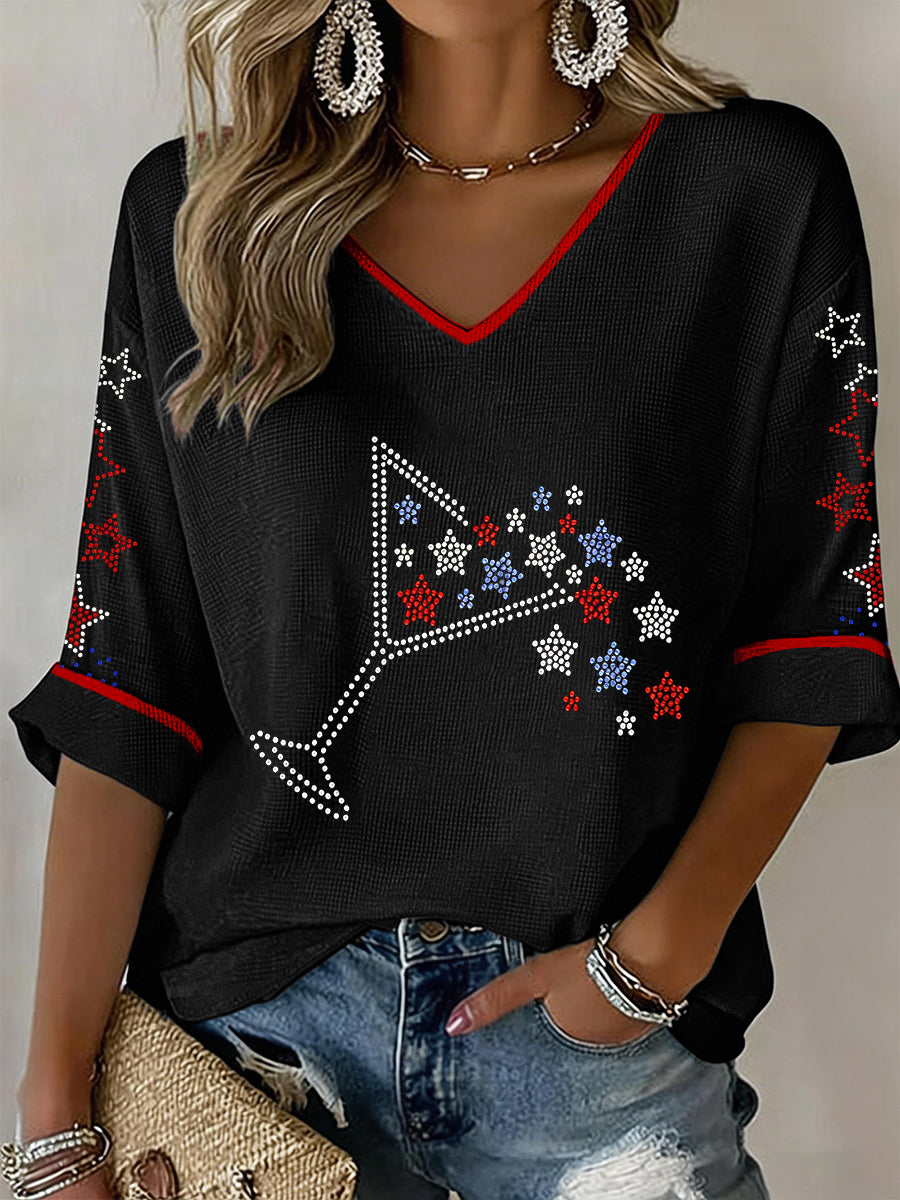 Women's Martini Stars Bling Pattern V-Neck Waffle Top