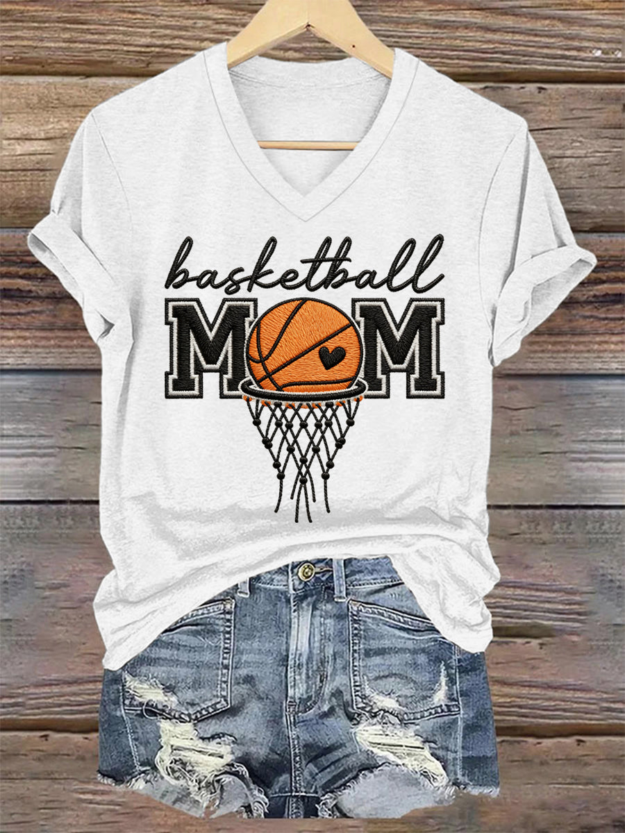 Women's Basketball Mom Print Basketball Lovers Gameday Casual V-Neck Te