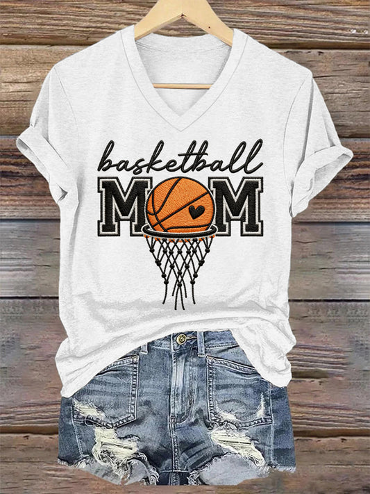 Women's Basketball Mom Print Basketball Lovers Gameday Casual V-Neck Te