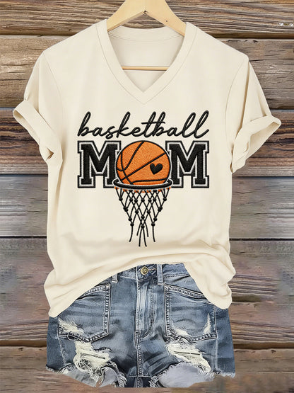 Women's Basketball Mom Print Basketball Lovers Gameday Casual V-Neck Te