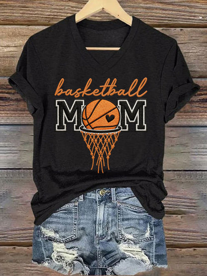 Women's Basketball Mom Print Basketball Lovers Gameday Casual V-Neck Te