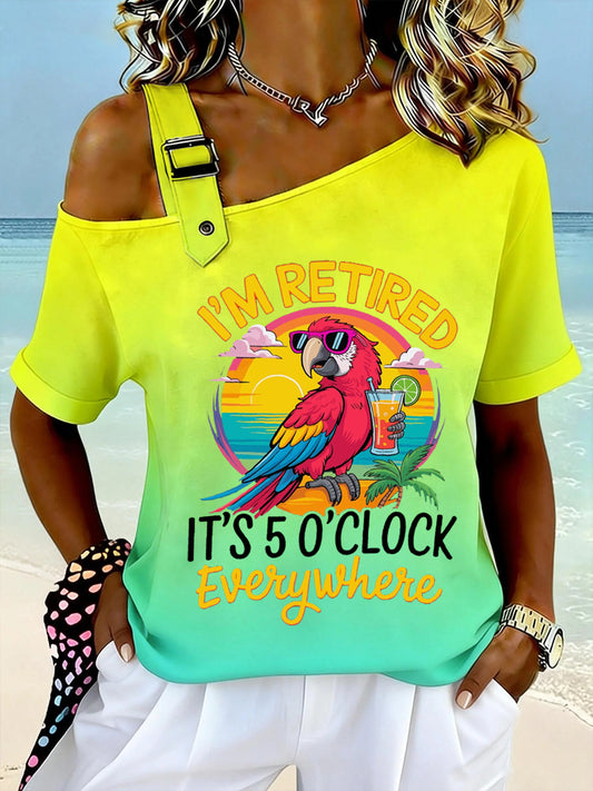 Women's Funny I'm Retired It's 5 O’clock Everywhere Parrot Print Casual Off-Shoulder Short-Sleeve Tee