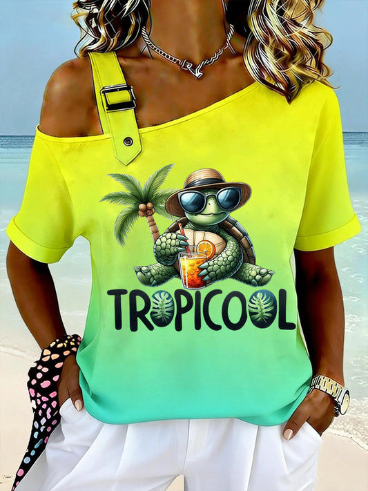 Women's Tropical Sea Turtle Print Casual Off-Shoulder Short-Sleeve Tee