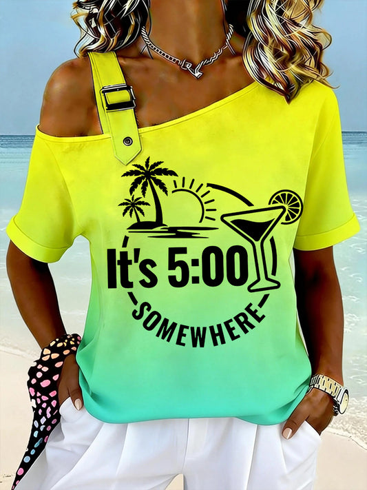 Women's Funny It's 5 O’clock Somewhere Print Casual Off-Shoulder Short-Sleeve Tee