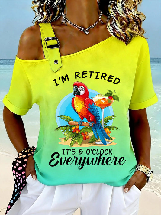 Women's Funny I'm Retired It's 5 O’clock Everywhere Parrot Print Casual Off-Shoulder Short-Sleeve Tee