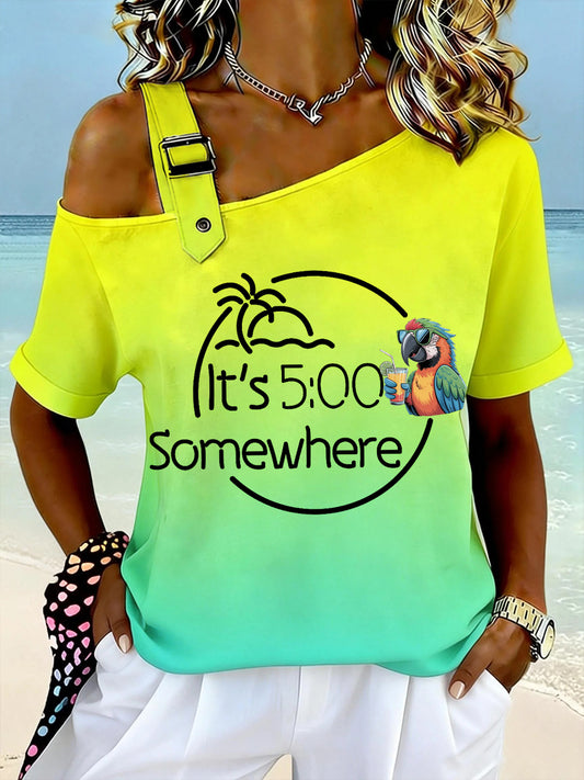 Women's It's 5 O’clock Somewhere Parrot Print Casual Off-Shoulder Short-Sleeve Tee