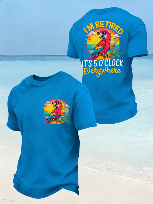 Men's Funny I'm Retired It's 5 O’clock Everywhere Parrot Print Casual Tee