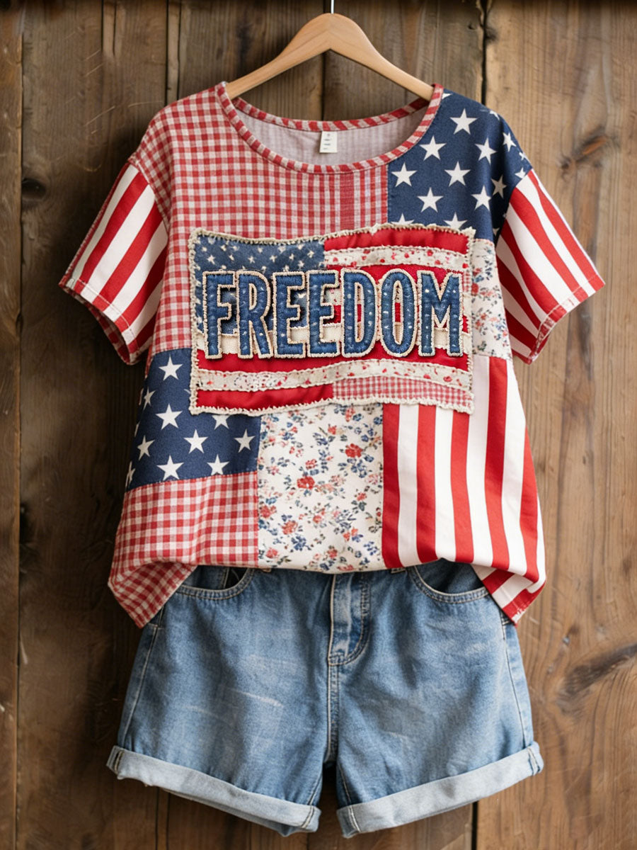 Women's American Floral Patchwork Print Casual T-Shirt
