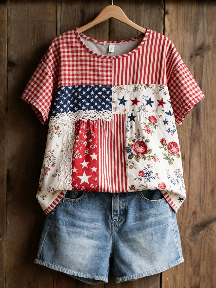 Women's American Floral Patchwork Print Casual T-Shirt