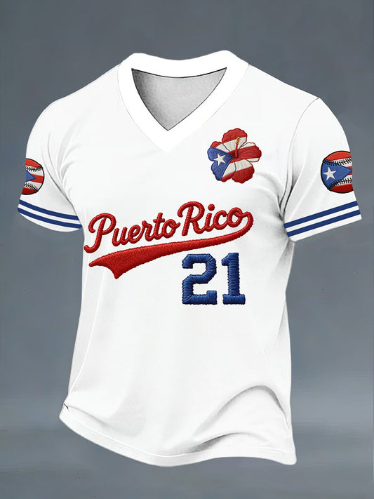 Men's Puerto Rico Baseball Print Casual V-Neck Tee