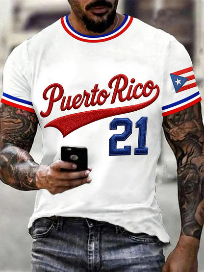 Men's Puerto Rico Baseball Print Casual Tee