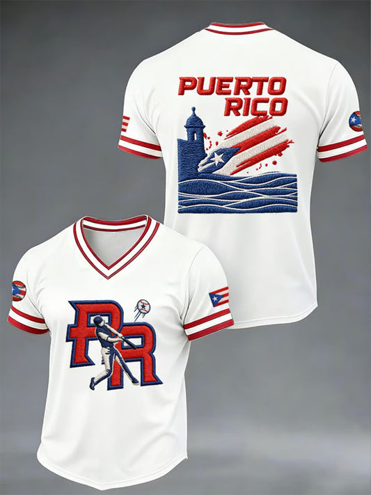 Men's Puerto Rico Baseball Print Casual V-Neck Tee