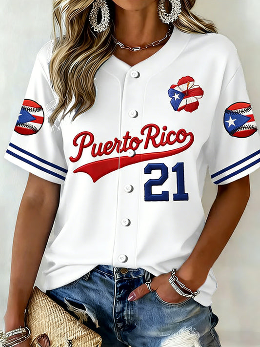 Women's Puerto Rico Baseball Print Casual Shirt