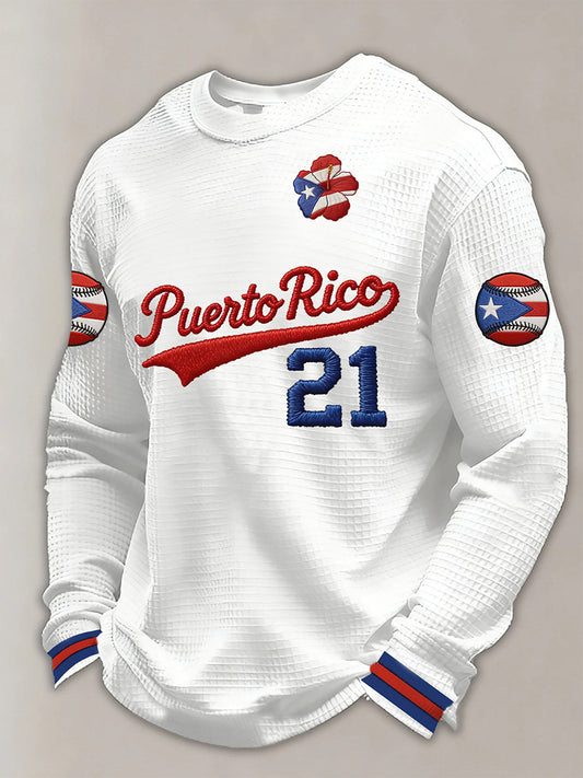 Men's Puerto Rico Baseball Print Casual Waffle Sweatshirt