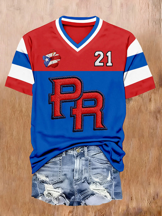 Women's s Puerto Rico Baseball Print Casual V-Neck Tee