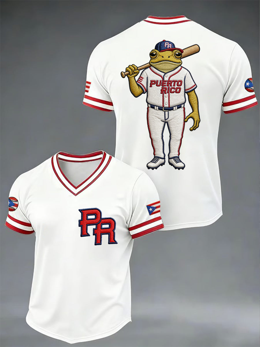 Men's Puerto Rico Baseball Print Casual V-Neck Tee