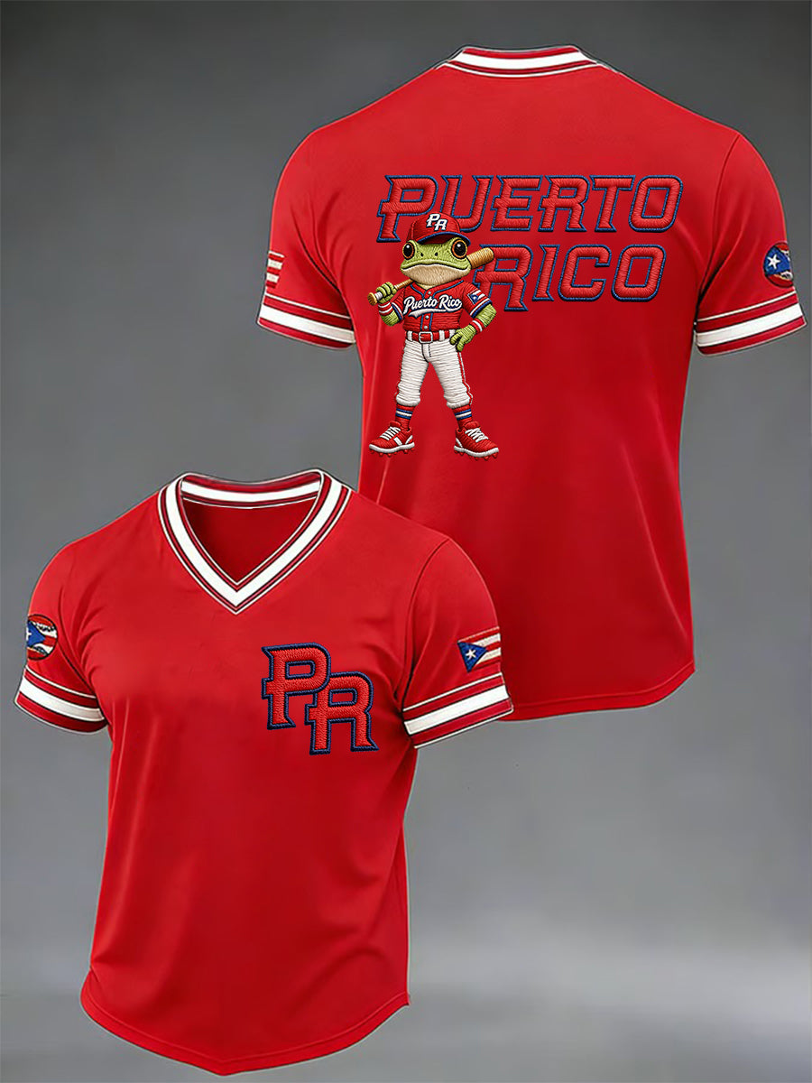 Men's Puerto Rico Baseball Print Casual V-Neck Tee