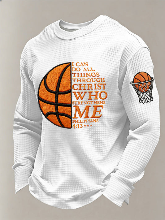 Men's I Can Do All Things Through Christ Basketball Print Basketball Lovers Gameday Casual Waffle Long Sleeve T-Shirt