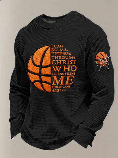 Men's I Can Do All Things Through Christ Basketball Print Basketball Lovers Gameday Casual Waffle Long Sleeve T-Shirt