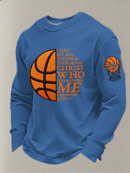 Men's I Can Do All Things Through Christ Basketball Print Basketball Lovers Gameday Casual Waffle Long Sleeve T-Shirt