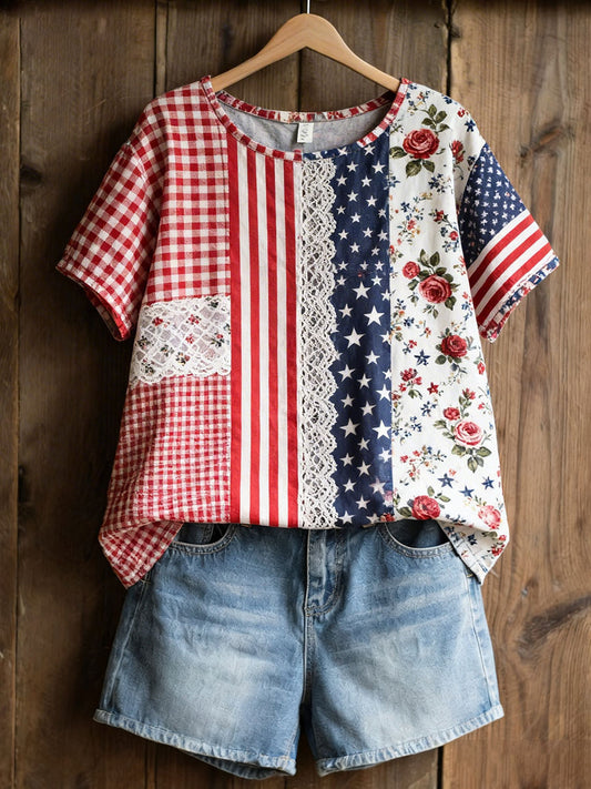 Women's Patchwork Floral Print Casual T-Shirt