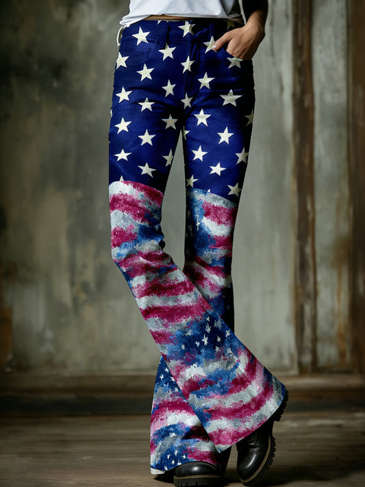 Women's Flared Pants With American Patriotic Commemorative Print