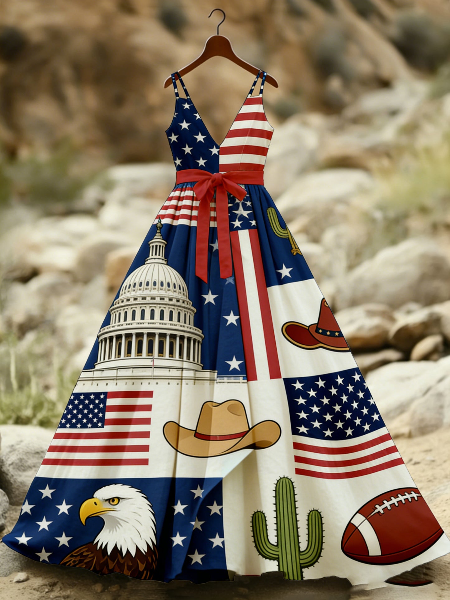 Women's American Patriotic Commemorative Print Long Spaghetti Strap Dress