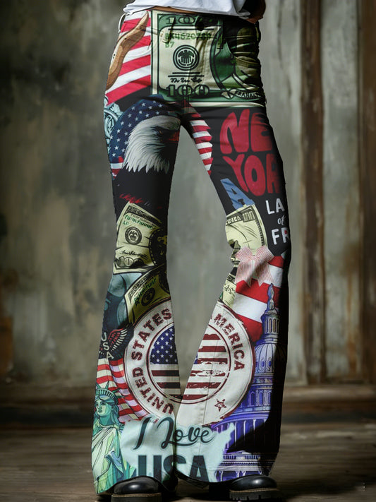 Women's Flared Pants With American Patriotic Commemorative Print