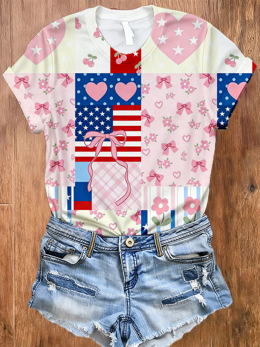 Sweet Style T-Shirt With American Patriotic Theme For Women