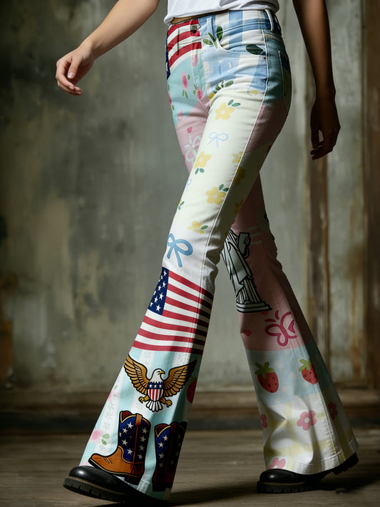 Women's Flared Pants With American Patriotic Commemorative Print
