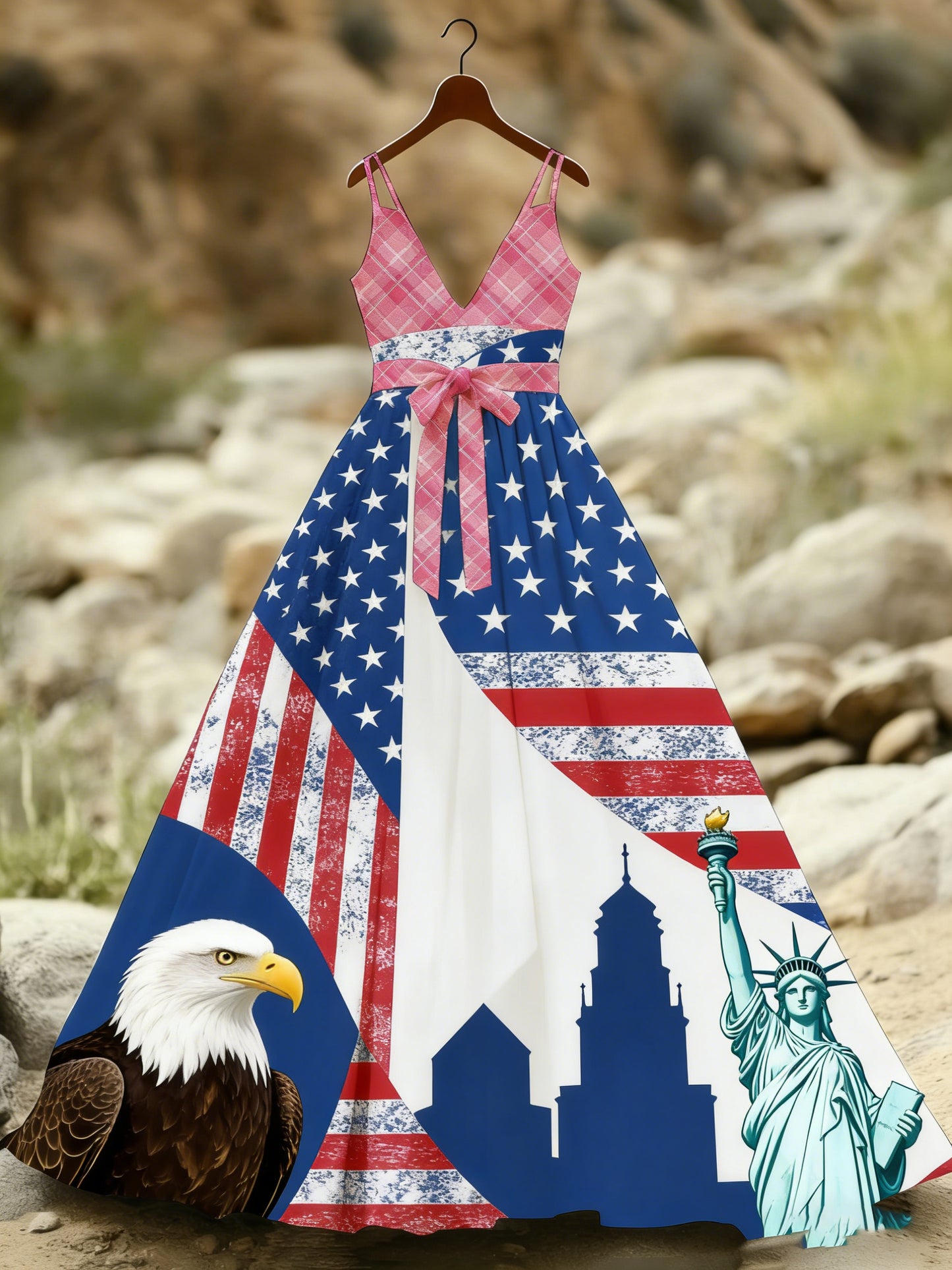 Women's American Patriotic Commemorative Print Long Spaghetti Strap Dress