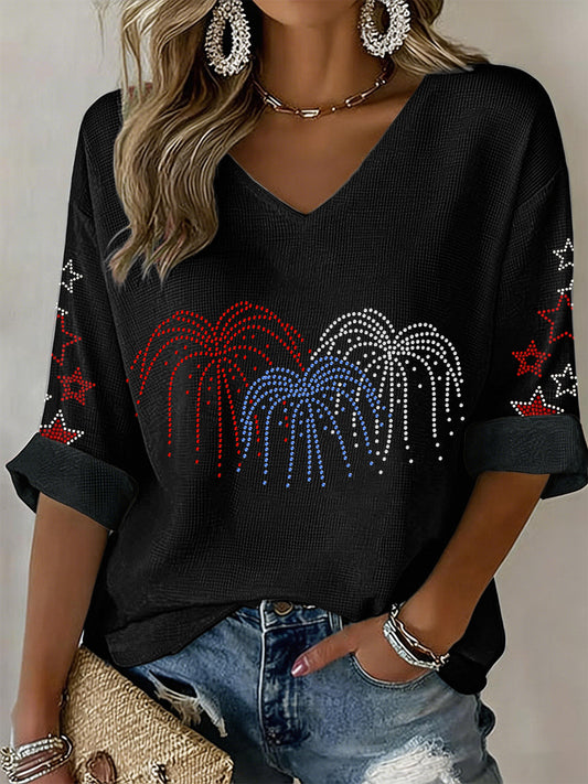 Women's Fireworks Rhinestone Pattern V-neck Top