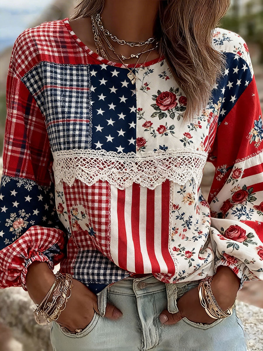 Women's Patchwork Floral Print Casual Top