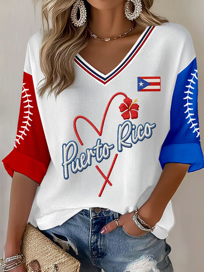 Women's Puerto Rico Baseball Print Waffle T-shirt