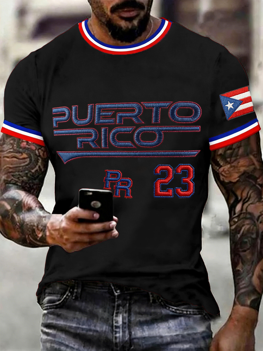 Men's Puerto Rico Baseball Print imitation cotton short-sleeved T-shirt